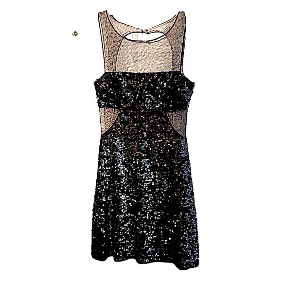 BCBG MAX AZRIA SEQUINED ILLUSION MESH BLACK SHEATH COCKTAIL DRESS LINED SMALL - Picture 5 of 15